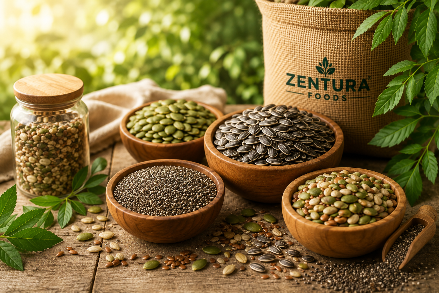 Zentura Foods premium natural seeds in wooden bowls with Zentura branding