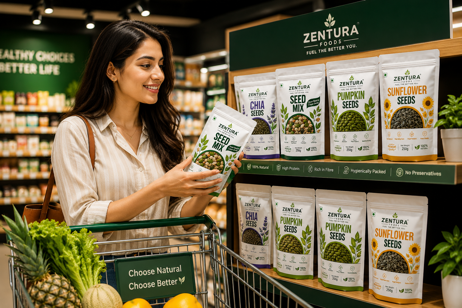 Health-conscious customer choosing Zentura Foods products in a supermarket
